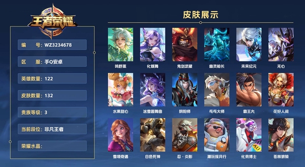 王者荣耀账号安卓QQ手Q安卓 122英雄 132皮肤 贵族等级3  鸣野蒿 化蝶舞 鬼剑武藏 幽灵船长 未来纪元 无心 水果甜心 冰雪圆舞曲 阴阳师 乓乓大师 霸王丸 花好人间 雪境奇遇 白色死神 忍·炎影 潮玩探...