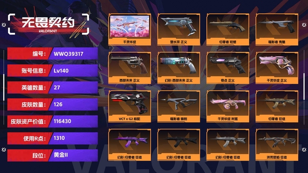 无畏契约账号QQ【等级】140【段位】黄金II【皮肤资产价值】116430【使用R点】1310【英雄数量】27【皮肤数量】126【卡面数量】125【喷漆数量】88【挂饰数量】114【套装】千灵华绽，离子武器//...