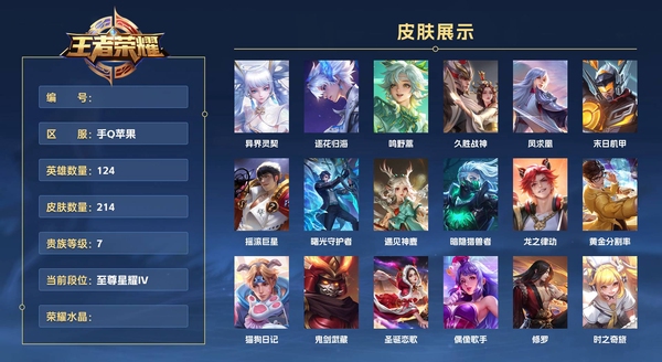 王者荣耀账号苹果QQ手Q苹果 124英雄 214皮肤 贵族等级7  异界灵契 逐花归海 鸣野蒿 久胜战神 凤求凰 末日机甲 摇滚巨星 曙光守护者 遇见神鹿 暗隐猎兽者 龙之律动 黄金分割率 猫狗日记 鬼剑武藏 圣诞...