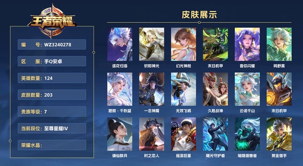 王者荣耀账号安卓QQ手Q安卓 124英雄 203皮肤 贵族等级7  逐花归海 炽阳神光 幻光神枪 末日机甲 音你闪耀 鸣野蒿 愿照·千秋盛 一念神魔 无双飞将 久胜战神 云诺千山 末日机甲 谪仙醉月 时之恋人 摇滚...