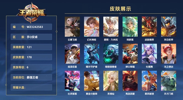 王者荣耀账号安卓QQ手Q安卓 121英雄 178皮肤 贵族等级6 【财神纳福天幕】 云鹰飞将 幻光神枪 愿照·九州拓 鸣野蒿 战鼓燎原 末日机甲 摇滚巨星 曙光守护者 暗隐猎兽者 绅士熊喵 化蝶舞 龙之律动 心灵骇客 黄