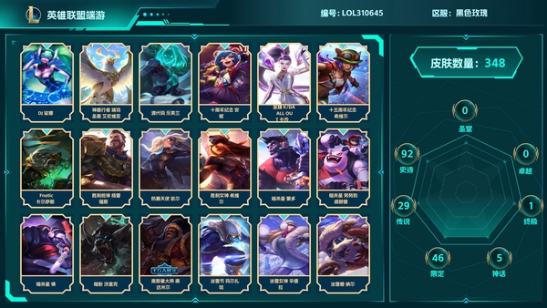 英雄联盟账号电信黑色玫瑰【区服】黑色玫瑰605等级348皮肤169英雄1终极5神话46限定29传说92史诗66炫彩【皮肤】造物主维克托,源代码乐芙兰,四神之力乌迪尔,防弹武僧李青,符文战神雷克顿,胜利枪神格雷福斯,皇家...