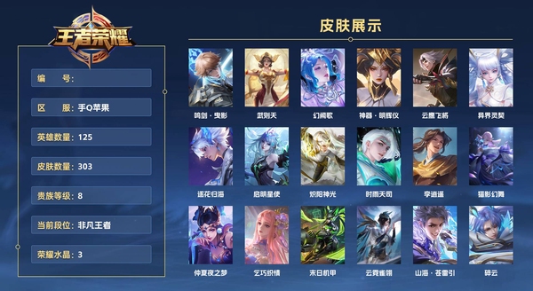 王者荣耀账号苹果QQ手Q苹果 125英雄 303皮肤 贵族等级8 已兑换荣耀水晶数3  鸣剑·曳影 武则天 幻阙歌 神器·明辉仪 云鹰飞将 异界灵契 逐花归海 启明星使 炽阳神光 时雨天司 李逍遥  猫影幻舞 仲夏...
