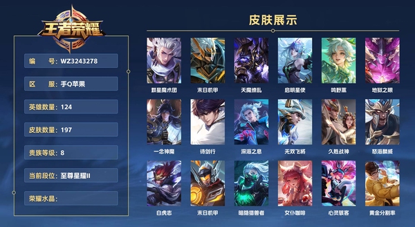 王者荣耀账号苹果QQ手Q苹果 124英雄 197皮肤 贵族等级8  群星魔术团 末日机甲 天魔缭乱 启明星使 鸣野蒿 地狱之眼 一念神魔 诗剑行 深海之息 无双飞将 久胜战神 怒海麟威 白虎志 末日机甲 暗隐猎兽者...