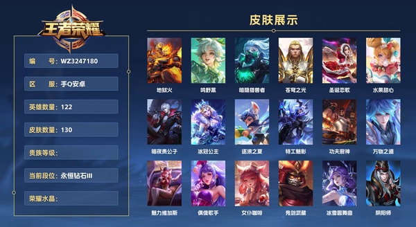 王者荣耀账号安卓QQ手Q安卓 122英雄 130皮肤  地狱火 鸣野蒿 暗隐猎兽者 苍穹之光 圣诞恋歌 水果甜心 暗夜贵公子 冰冠公主 逐浪之夏 特工魅影 功夫厨神 万物之道 魅力维加斯 偶像歌手 女仆咖啡 鬼剑武...