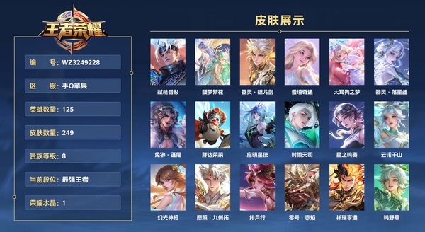 王者荣耀账号苹果QQ手Q苹果 125英雄 249皮肤 贵族等级8 已兑换荣耀水晶数1  弑枪猎影 馥梦繁花 器灵·螭龙剑 雪境奇遇 大耳狗之梦 器灵·落星盏 兔狲·蓬尾 胖达荣荣 启明星使 时雨天司 星之鸣奏 云诺...