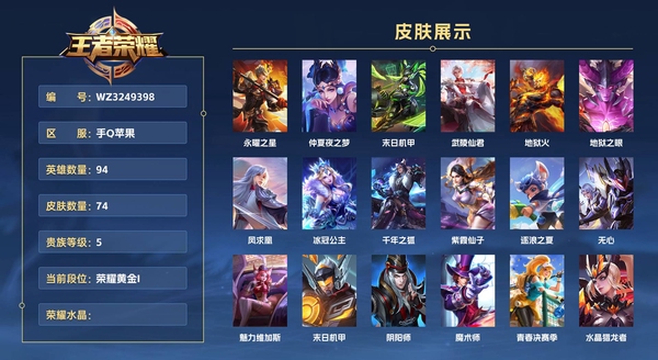 王者荣耀账号苹果QQ手Q苹果 94英雄 74皮肤 贵族等级5  永曜之星 仲夏夜之梦 末日机甲 武陵仙君 地狱火 地狱之眼 凤求凰 冰冠公主 千年之狐 紫霞仙子 逐浪之夏 无心 魅力维加斯 末日机甲 阴阳师 魔术师...
