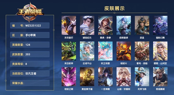 王者荣耀账号苹果QQ手Q苹果 124英雄 203皮肤 贵族等级8  无尽星芒 琥珀纪元 寅虎·赤拳 启明星使 武圣 猫影幻舞 末日机甲 云诺千山 时之祈愿 地狱火 零号·赤焰 愿照·山河定 地狱之眼 黄金狮子座 一...