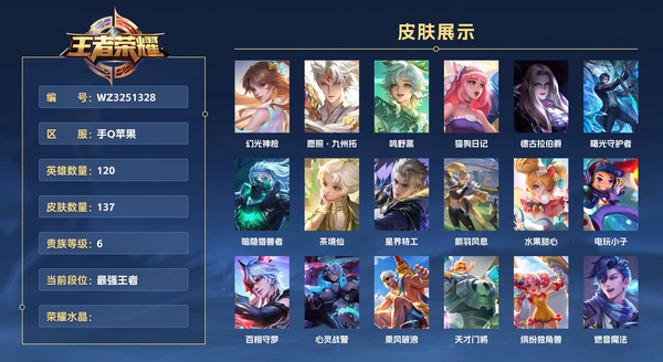 王者荣耀账号苹果QQ手Q苹果 120英雄 137皮肤 贵族等级6  幻光神枪 愿照·九州拓 鸣野蒿 猫狗日记 德古拉伯爵 曙光守护者 暗隐猎兽者 茶境仙 星界特工 箭羽风息 水果甜心 电玩小子 百相守梦 心灵战警 ...