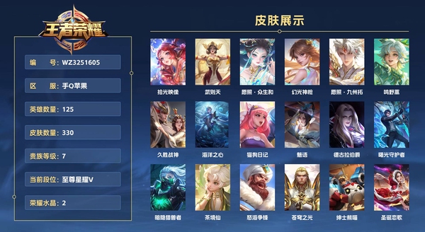 王者荣耀账号苹果QQ手Q苹果 【金标司马懿/上官婉儿】125英雄 330皮肤 贵族等级7 已兑换荣耀水晶数2  拾光映像 武则天 愿照·众生和 幻光神枪 愿照·九州拓