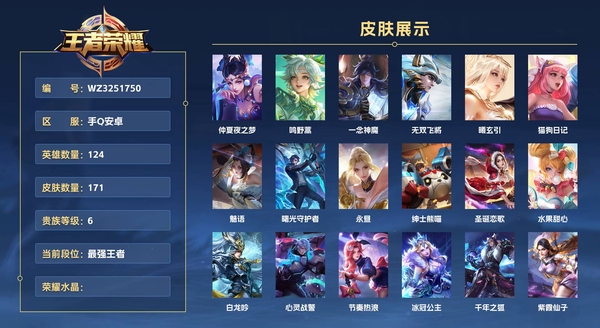 王者荣耀账号安卓QQ手Q安卓 124英雄 171皮肤 贵族等级6  仲夏夜之梦 鸣野蒿 一念神魔 无双飞将 曦玄引 猫狗日记 魅语 曙光守护者 永昼 绅士熊喵 圣诞恋歌 水果甜心 白龙吟 心灵战警 节奏热浪 冰冠公...