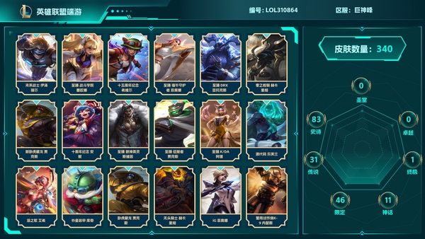 英雄联盟账号电信巨神峰【区服】巨神峰714等级340皮肤171英雄1终极11神话46限定31传说83史诗68炫彩【皮肤】源代码乐芙兰,四神之力乌迪尔,防弹武僧李青,皇家守卫菲奥娜,帝王斑蝶克格莫,黑桃皇牌伊泽瑞尔,源...