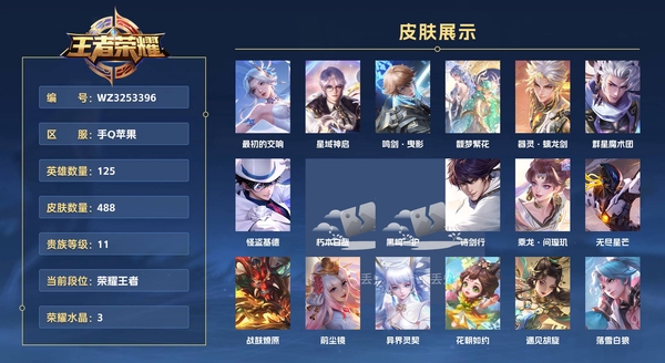 王者荣耀账号安卓QQ手Q苹果 125英雄 488皮肤 贵族等级11 已兑换荣耀水晶数3  最初的交响 星域神启 鸣剑·曳影 馥梦繁花 器灵·螭龙剑 群星魔术团 怪盗基德 朽木白哉 黑崎一护 诗剑行 乘龙·问璇玑 无...