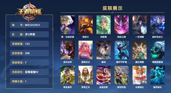 王者荣耀账号苹果QQ手Q苹果 123英雄 206皮肤【凤鸣九霄天幕】 贵族等级7 已兑换荣耀水晶数1  银·白咏叹调 地狱火 鸣野蒿 地狱之眼 一念神魔 超时空战士 绛天战甲 猫狗日记 魅语 曙光守护者 遇见神鹿 暗隐猎