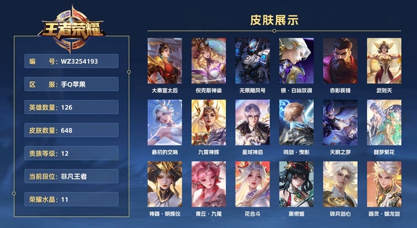 王者荣耀账号苹果QQ手Q苹果 126英雄 648皮肤 贵族等级12【附带小魔方】【小国吕布 老夫子 狂铁】 已兑换荣耀水晶数11  大秦宣太后 倪克斯神谕 无限飓风号 银·白咏叹调 赤影疾锋 武则天 最初的交响 九霄神辉