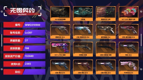 无畏契约账号QQ【等级】287【皮肤资产价值】132440【使用R点】2365【英雄数量】27【皮肤数量】198【卡面数量】215【喷漆数量】173【挂饰数量】210【套装】2021全球冠军赛，归零者，西部未来...