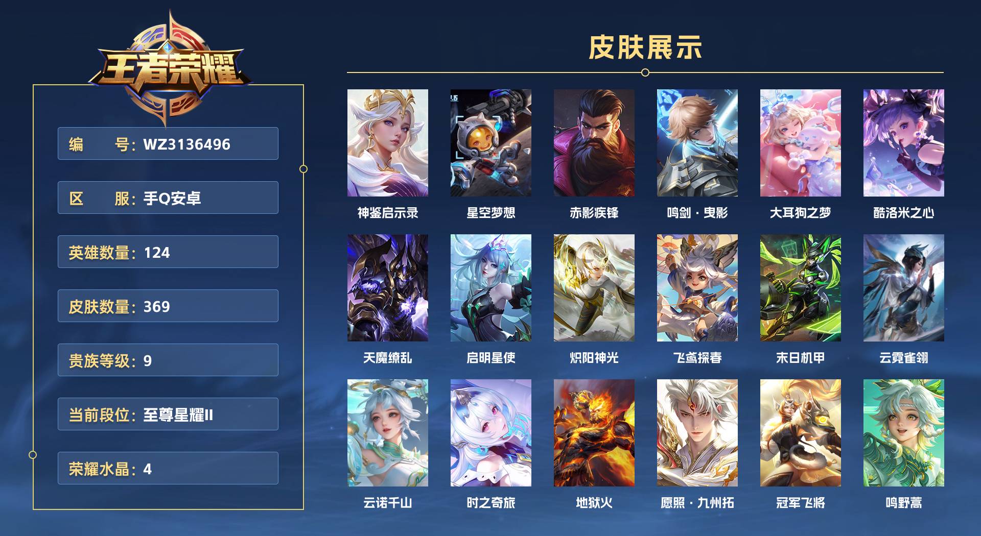WZ3136496王者荣耀账号详情图1 WZ3136496王者荣耀账号详情图1