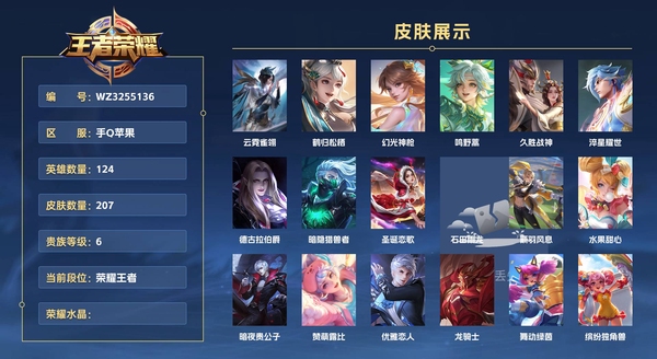王者荣耀账号苹果QQ手Q苹果 124英雄 207皮肤 贵族等级6  【小国蒙犽】【万战金标虞姬】云霓雀翎 鹤归松栖 幻光神枪 鸣野蒿 久胜战神 淬星耀世 德古拉伯爵 暗隐猎兽者 圣诞恋歌 石田雨龙 箭羽风息 水果甜心 暗