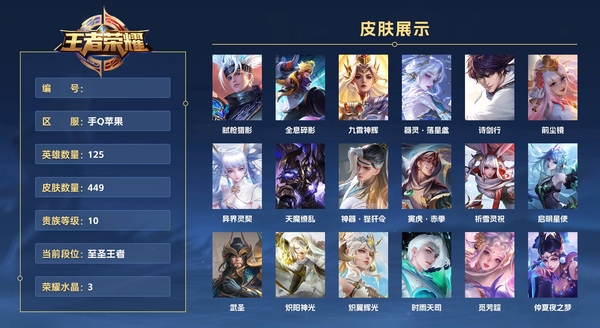 王者荣耀账号苹果QQ手Q苹果 125英雄 449皮肤 贵族等级10 已兑换荣耀水晶数3  弑枪猎影 全息碎影 九霄神辉 器灵·落星盏 诗剑行 前尘镜 异界灵契 天魔缭乱 神器·狴犴令 寅虎·赤拳 祈雪灵祝 启明星使...