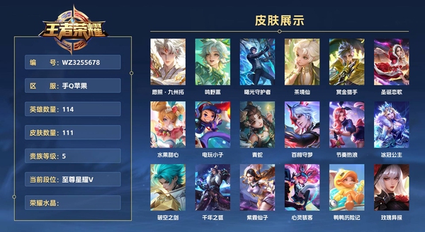 王者荣耀账号苹果QQ手Q苹果 114英雄 111皮肤 贵族等级5  愿照·九州拓 鸣野蒿 曙光守护者 茶境仙 赏金猎手 圣诞恋歌 水果甜心 电玩小子 青蛇 百相守梦 节奏热浪 冰冠公主 破空之剑 千年之狐 紫霞仙子...