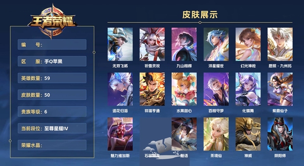 王者荣耀账号苹果QQ手Q苹果 59英雄 50皮肤 贵族等级6  无双飞将 祈雪灵祝 九山相柳 淬星耀世 幻光神枪 愿照·九州拓 逐花归海 祥瑞亨通 水果甜心 百相守梦 化蝶舞 紫霞仙子 魅力维加斯 石田雨龙 魅语 ...