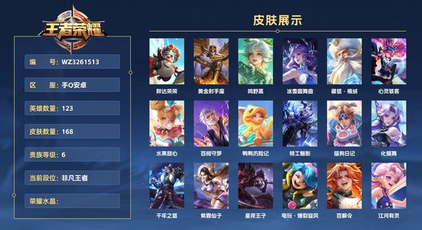 王者荣耀账号安卓QQ手Q安卓 123英雄 168皮肤 贵族等级6  胖达荣荣 黄金射手座 鸣野蒿 冰雪圆舞曲 藏狐·褐绒 心灵骇客 水果甜心 百相守梦 鸭鸭历险记 特工魅影 猫狗日记 化蝶舞 千年之狐 紫霞仙子 星...
