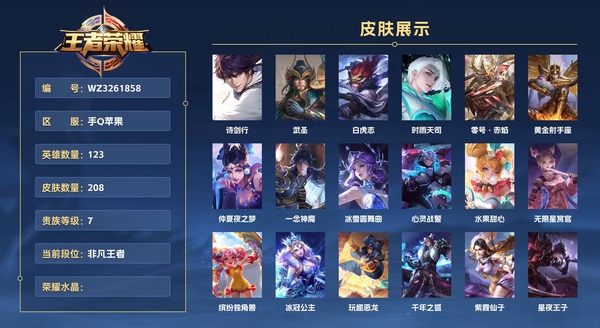 王者荣耀账号苹果QQ手Q苹果 123英雄 208皮肤 贵族等级7  诗剑行 武圣 白虎志 时雨天司 零号·赤焰 黄金射手座 仲夏夜之梦 一念神魔 冰雪圆舞曲 心灵战警 水果甜心 无限星赏官 缤纷独角兽 冰冠公主 玩...