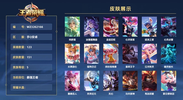 王者荣耀账号安卓QQ手Q安卓 123英雄 151皮肤 贵族等级5  鸣野蒿 冰雪圆舞曲 圣诞恋歌 心灵骇客 逐浪之夏 心灵战警 水果甜心 猫狗日记 缤纷独角兽 星夜王子 江河有灵 幽灵船长 蔷薇恋人 未来纪元 无心...