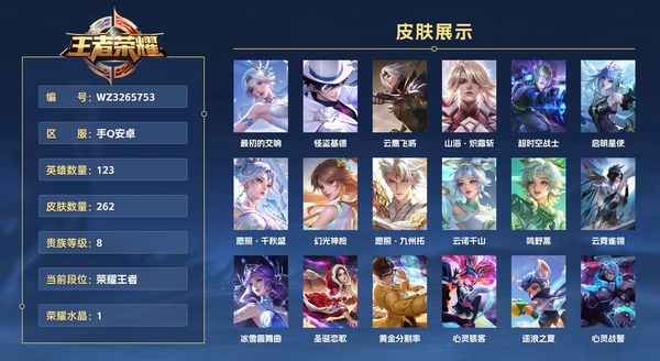 王者荣耀账号安卓QQ手Q安卓 123英雄 262皮肤 贵族等级8 已兑换荣耀水晶数1  最初的交响 怪盗基德 云鹰飞将 山海·炽霜斩 超时空战士 启明星使 愿照·千秋盛 幻光神枪 愿照·九州拓 云诺千山 鸣野蒿 云...