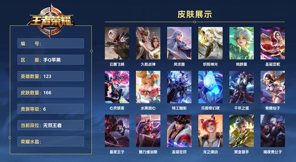 王者荣耀账号苹果QQ手Q苹果 123英雄 166皮肤 贵族等级6  云鹰飞将 久胜战神 凤求凰 炽阳神光 鸣野蒿 圣诞恋歌 心灵骇客 水果甜心 特工魅影 乐园奇幻夜 千年之狐 紫霞仙子 星夜王子 魅力维加斯 圣诞狂...