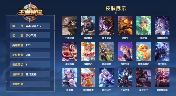 王者荣耀账号苹果QQ手Q苹果 123英雄 206皮肤 贵族等级7  云鹰飞将 怒海麟威 绛天战甲 地狱火 鸣野蒿 冰雪圆舞曲 圣诞恋歌 水果甜心 箭羽风息 百相守梦 鸭鸭历险记 特工魅影 化蝶舞 缤纷独角兽 冰冠公...