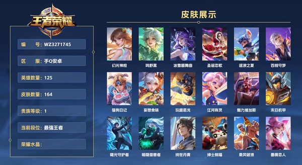 王者荣耀账号安卓QQ手Q安卓 125英雄 164皮肤 贵族等级1  幻光神枪 鸣野蒿 冰雪圆舞曲 圣诞恋歌 逐浪之夏 百相守梦 猫狗日记 妄想食味 玩趣恶龙 江河有灵 魅力维加斯 末日机甲 曙光守护者 暗隐猎兽者 ...