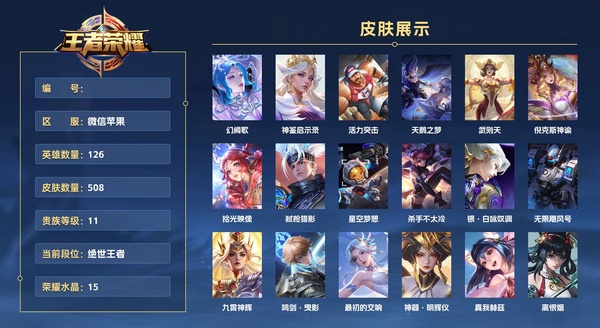 王者荣耀账号苹果VX微信苹果 126英雄 508皮肤 贵族等级11 已兑换荣耀水晶数15  幻阙歌 神鉴启示录 活力突击 天鹅之梦 武则天 倪克斯神谕 拾光映像 弑枪猎影 星空梦想 杀手不太冷 银·白咏叹调 无限飓...