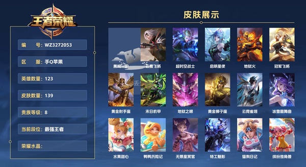 王者荣耀账号苹果QQ手Q苹果 123英雄 139皮肤 贵族等级8  黑崎一护 云鹰飞将 超时空战士 启明星使 地狱火 冠军飞将 黄金射手座 末日机甲 地狱之眼 黄金狮子座 云霓雀翎 冰雪圆舞曲 水果甜心 鸭鸭历险记...
