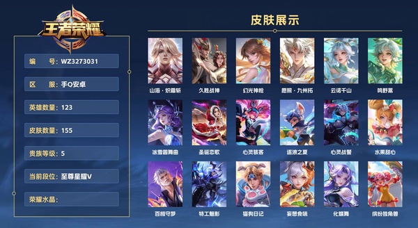 王者荣耀账号安卓QQ手Q安卓 123英雄 155皮肤 贵族等级5  山海·炽霜斩 久胜战神 幻光神枪 愿照·九州拓 云诺千山 鸣野蒿 冰雪圆舞曲 圣诞恋歌 心灵骇客 逐浪之夏 心灵战警 水果甜心 百相守梦 特工魅影...