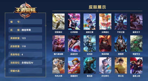 王者荣耀账号苹果VX微信苹果 123英雄 110皮肤 贵族等级4  炽阳神光 心灵骇客 逐浪之夏 水果甜心 千年之狐 星夜王子 魅力维加斯 圣诞狂欢 白龙吟 鬼剑武藏 阴阳师 神迹守卫 乓乓大师 海滩派对 青龙志 ...