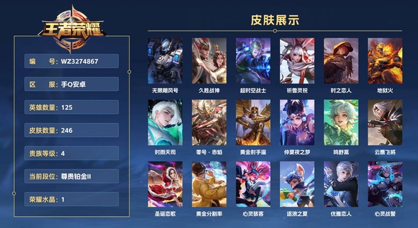 王者荣耀账号安卓QQ手Q安卓 125英雄 246皮肤 贵族等级7 已兑换荣耀水晶数1  无限飓风号 久胜战神 超时空战士 祈雪灵祝 时之恋人 地狱火 时雨天司 零号·赤焰 黄金射手座 仲夏夜之梦 鸣野蒿 云鹰飞将 ...