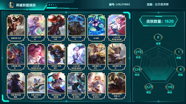 英雄联盟账号网通比尔吉沃特【区服】比尔吉沃特735等级1620皮肤171英雄1卓越9终极110神话327限定124传说215史诗1308炫彩【皮肤】造物主维克托,源代码乐芙兰,四神之力乌迪尔,防弹武僧李青,符文战神雷克顿...