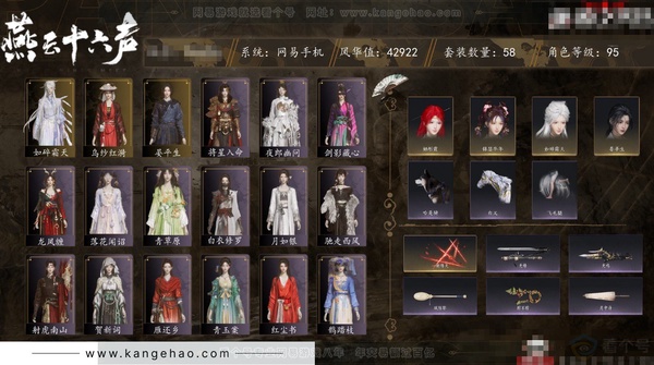 燕云十六声账号官服角色等级：95
 风华值：42922
 武林造诣：3.137鹅
 套装：乌纱红漪/晏平生/如碎霜天/青玉案/鹊踏枝/贺新词/剑影藏心/雁还乡/红尘书/芳时歇/午风清/南风熏/相思曲/望乡客/一心...