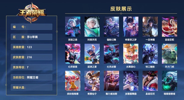 王者荣耀账号苹果QQ手Q苹果 123英雄 216皮肤 贵族等级7  深海之息 时雨天司 猫影幻舞 仲夏夜之梦 一念神魔 圣诞恋歌 心灵骇客 逐浪之夏 心灵战警 水果甜心 特工魅影 天才门将 缤纷独角兽 紫霞仙子 魅...