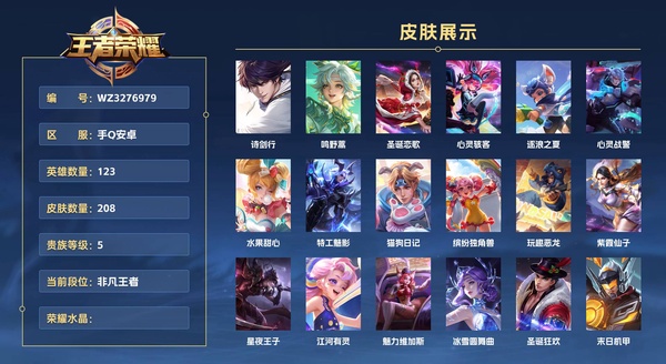 王者荣耀账号安卓QQ手Q安卓 123英雄 208皮肤 贵族等级5  诗剑行 鸣野蒿 圣诞恋歌 心灵骇客 逐浪之夏 心灵战警 水果甜心 特工魅影 猫狗日记 缤纷独角兽 玩趣恶龙 紫霞仙子 星夜王子 江河有灵 魅力维加...