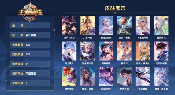 王者荣耀账号苹果QQ手Q苹果 125英雄 538皮肤 贵族等级11 已兑换荣耀水晶数5  杀手不太冷 九霄神辉 最初的交响 鸣剑·曳影 神鉴启示录 馥梦繁花 时之魔女 群星魔术团 真我赫兹 花合斗 器灵·螭龙剑 江...