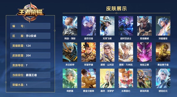 王者荣耀账号安卓QQ手Q安卓 124英雄 204皮肤 贵族等级7 已兑换荣耀水晶数1  鸣剑·曳影 逐花归海 无双飞将 超时空战士 怒海麟威 淬星耀世 末日机甲 祥瑞亨通 愿照·山河定 愿照·九州拓 地狱之眼 黄金...