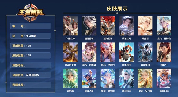 王者荣耀账号苹果QQ手Q苹果 108英雄 105皮肤  久胜战神 鹤羽星尊 琥珀纪元 琥珀纪元 曦玄引 乘龙·铭钟鼎 黄金射手座 乘龙·问璇玑 乘龙·淬吴钩 胖达荣荣 云霓雀翎 曦玄引 鸣野蒿 逐浪之夏 乘龙·聚宝...