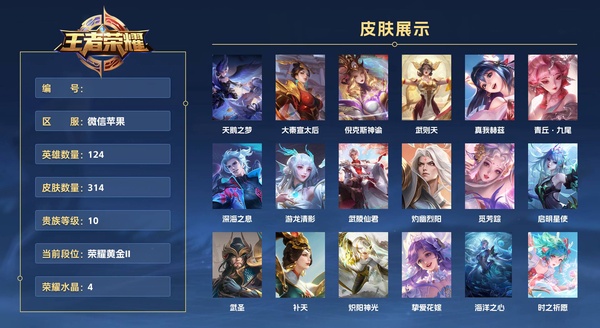 王者荣耀账号苹果VX微信苹果 124英雄 314皮肤 贵族等级10 已兑换荣耀水晶数4  天鹅之梦 大秦宣太后 倪克斯神谕 武则天 真我赫兹 青丘·九尾 深海之息 游龙清影 武陵仙君 灼幽烈阳 觅芳踪 启明星使 武...