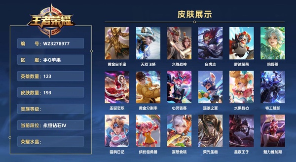 王者荣耀账号苹果QQ手Q苹果 123英雄 193皮肤  黄金白羊座 无双飞将 久胜战神 白虎志 胖达荣荣 鸣野蒿 圣诞恋歌 黄金分割率 心灵骇客 逐浪之夏 水果甜心 特工魅影 猫狗日记 缤纷独角兽 妄想食味 荣光圣...