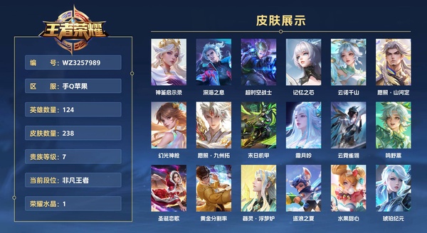 王者荣耀账号安卓QQ手Q苹果 124英雄 238皮肤 贵族等级7 已兑换荣耀水晶数1  【精品发育路】【金标虞姬】【金标孙尚香】【金标公孙离】 神鉴启示录 深海之息 超时空战士 记忆之芯 云诺千山 愿照·山河定 幻光神枪