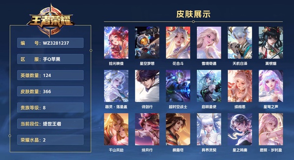 王者荣耀账号苹果QQ【小国奕星1.3w  金标万战甄姬1w  金标万战孙权1w】手Q苹果 124英雄 366皮肤 贵族等级8 已兑换荣耀水晶数2  拾光映像 星空梦想 花合斗 雪境奇遇 天机白泽 离恨烟