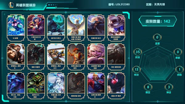 英雄联盟账号网通无畏先锋【区服】无畏先锋240等级142皮肤162英雄1终极3神话8限定13传说35史诗12炫彩【皮肤】源代码乐芙兰,黑桃皇牌伊泽瑞尔,源计划：联合艾希,防暴天使凯尔,宗师级法师训练师瑞兹,暗星韦鲁斯,...