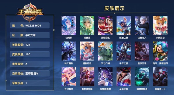 王者荣耀账号安卓QQ手Q安卓 【金标关羽/孙策/嬴政】124英雄 190皮肤 贵族等级6 已兑换荣耀水晶数1  幻阙歌 鸣野蒿 圣诞恋歌 逐浪之夏 优雅恋人 水果甜心 特工魅影 猫狗日记